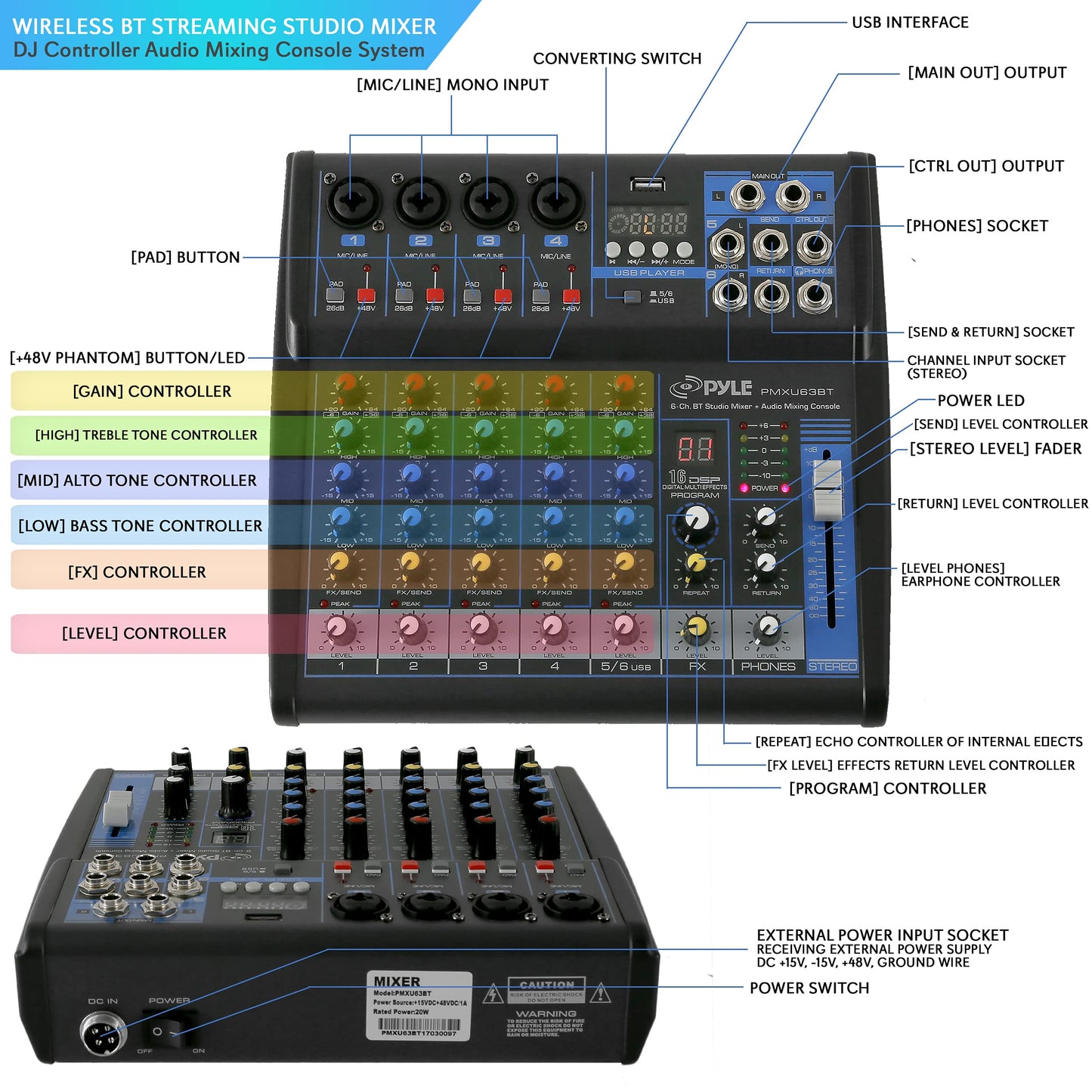 Pyle 4-Channel Bluetooth Studio Audio Mixer-DJ Sound Controller Interface with USB Drive for PC Recording Input, XLR Microphone Jack,48V Power,Input/Output for Professional and Beginners - PMXU46BT