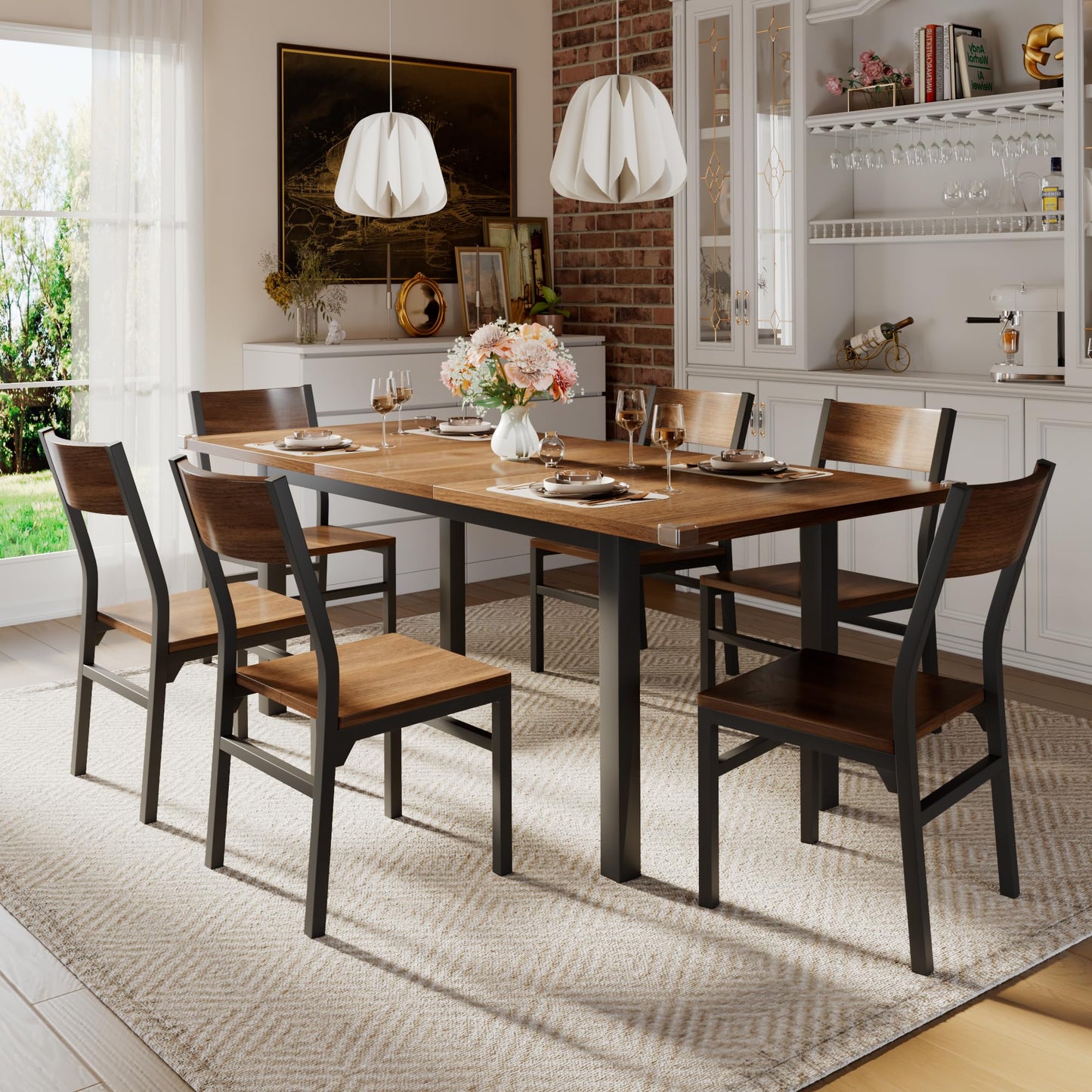 iPormis 7-Piece Dining Table & Chairs Set for 4-6, 63" Extendable Kitchen Table with 6 Chairs, Dining Room Table with Metal Frame & MDF Board, Perfect for Small Space, Easy Assembly, Black