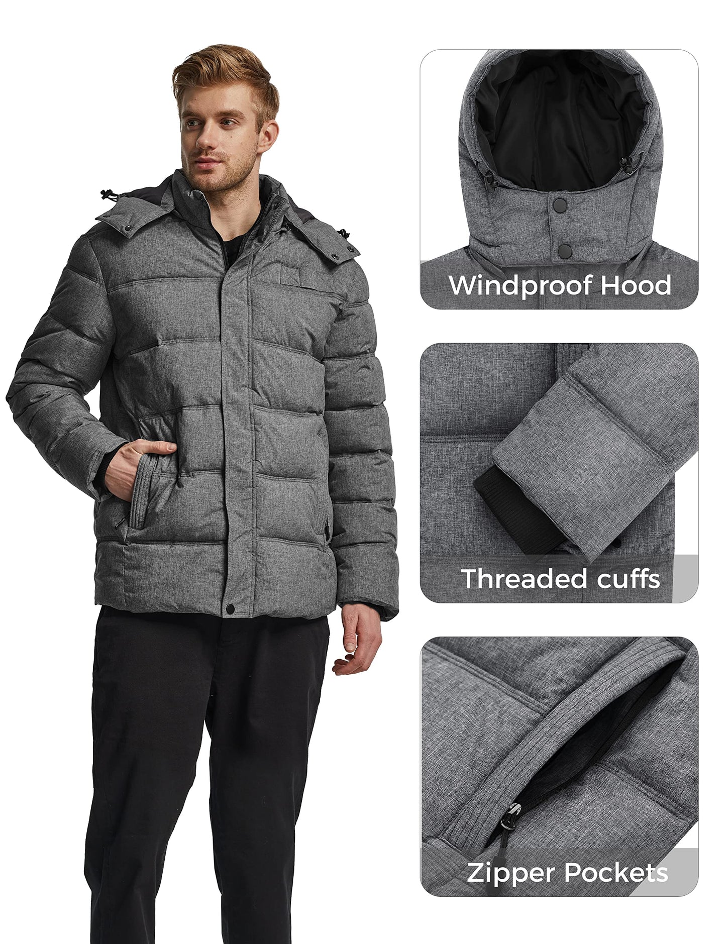 Wantdo Men's Hooded Winter Coat Warm Puffer Jacket Thicken Cotton Coat with Removable Hood