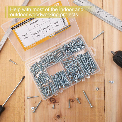 High Hardness Wood Screws Assortment Kit, 209 pcs, Phillips Drive Flat Head, Wood Screws, Screws, Drywall Screws, Assorted Screws, Screws Set, 6 Sizes (2”,1-1/2”,1-1/4”,1”,3/4”,1/2”)