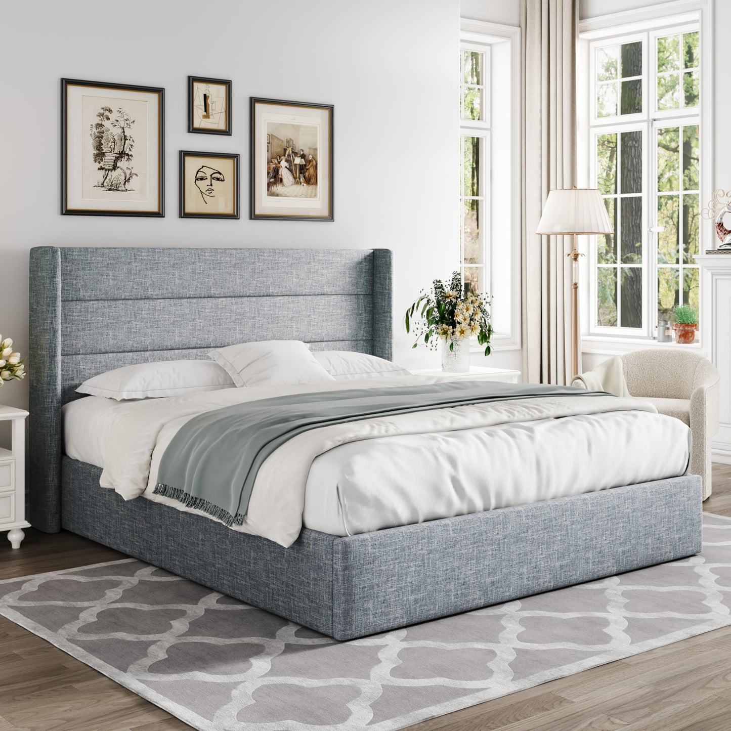 Allewie Queen Size Lift Up Storage Bed, Modern Wingback Headboard, Hydraulic Support, No Box Spring Needed, Light Beige