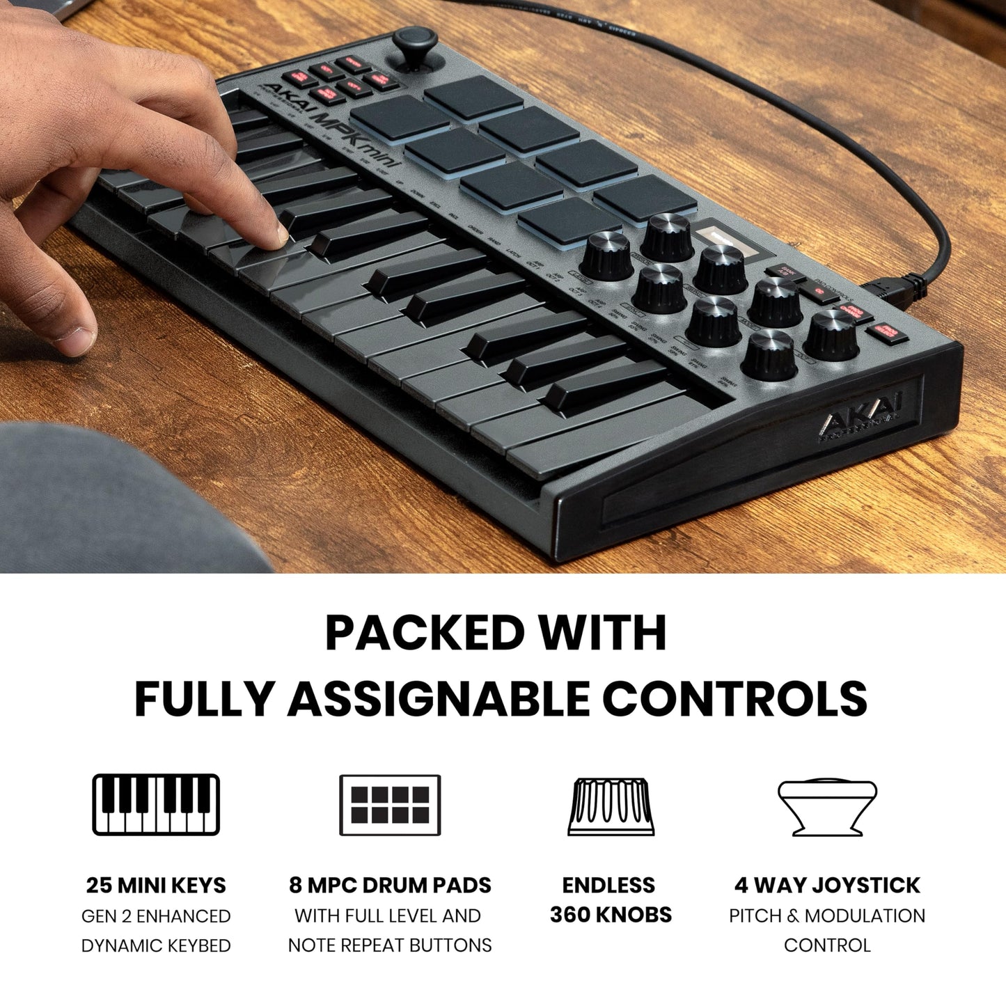 AKAI Professional MPK Mini MK3 - 25 Key USB MIDI Keyboard Controller With 8 Backlit Drum Pads, 8 Knobs and Music Production Software Included, White