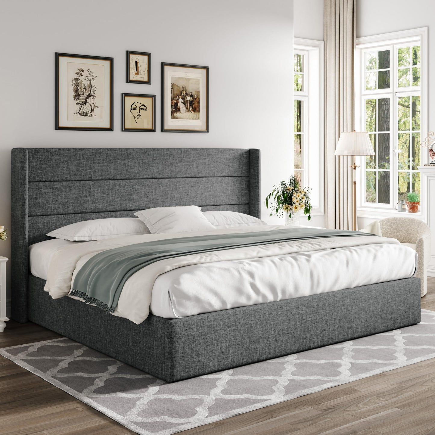 Allewie Queen Size Lift Up Storage Bed, Modern Wingback Headboard, Hydraulic Support, No Box Spring Needed, Light Beige