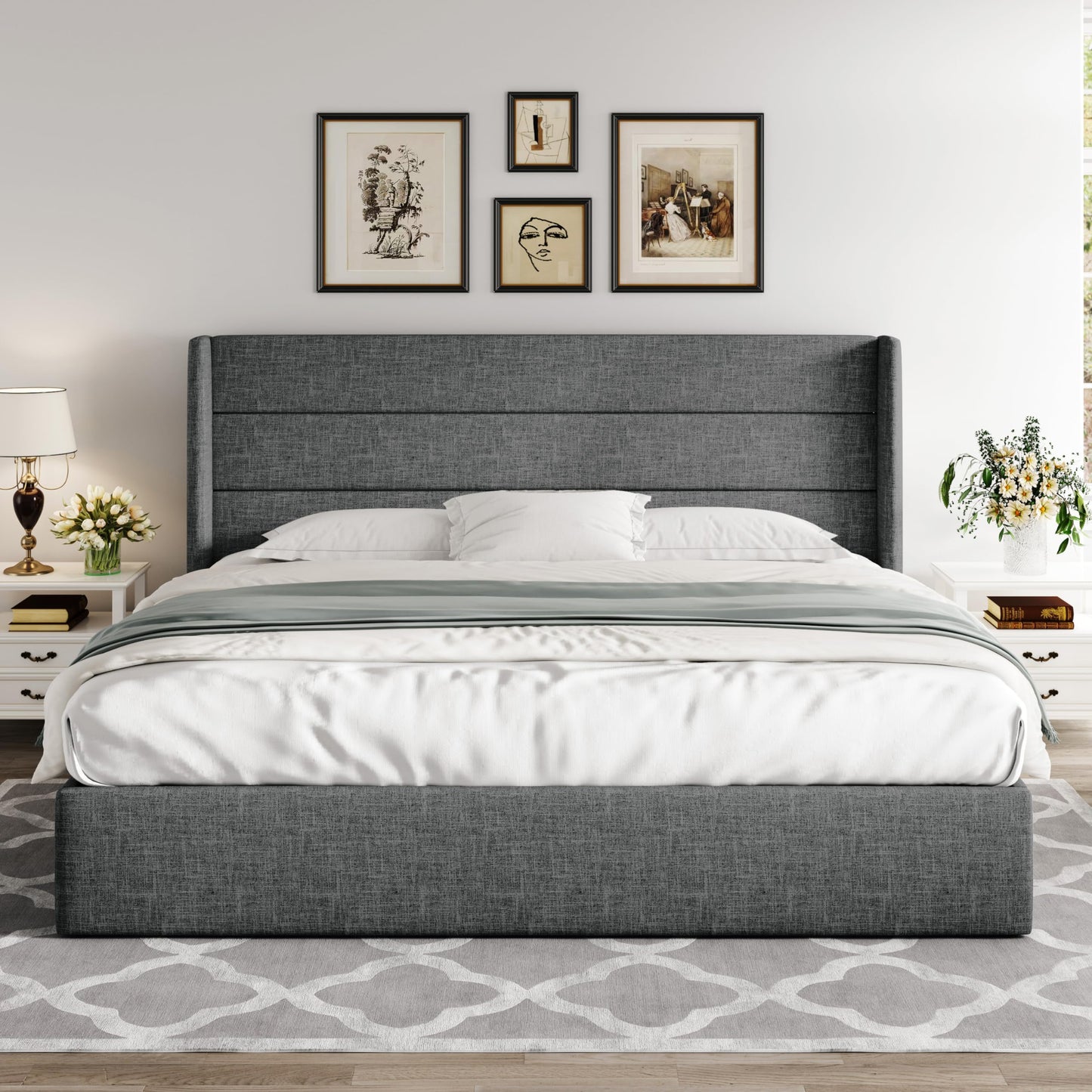 Allewie Queen Size Lift Up Storage Bed, Modern Wingback Headboard, Hydraulic Support, No Box Spring Needed, Light Beige