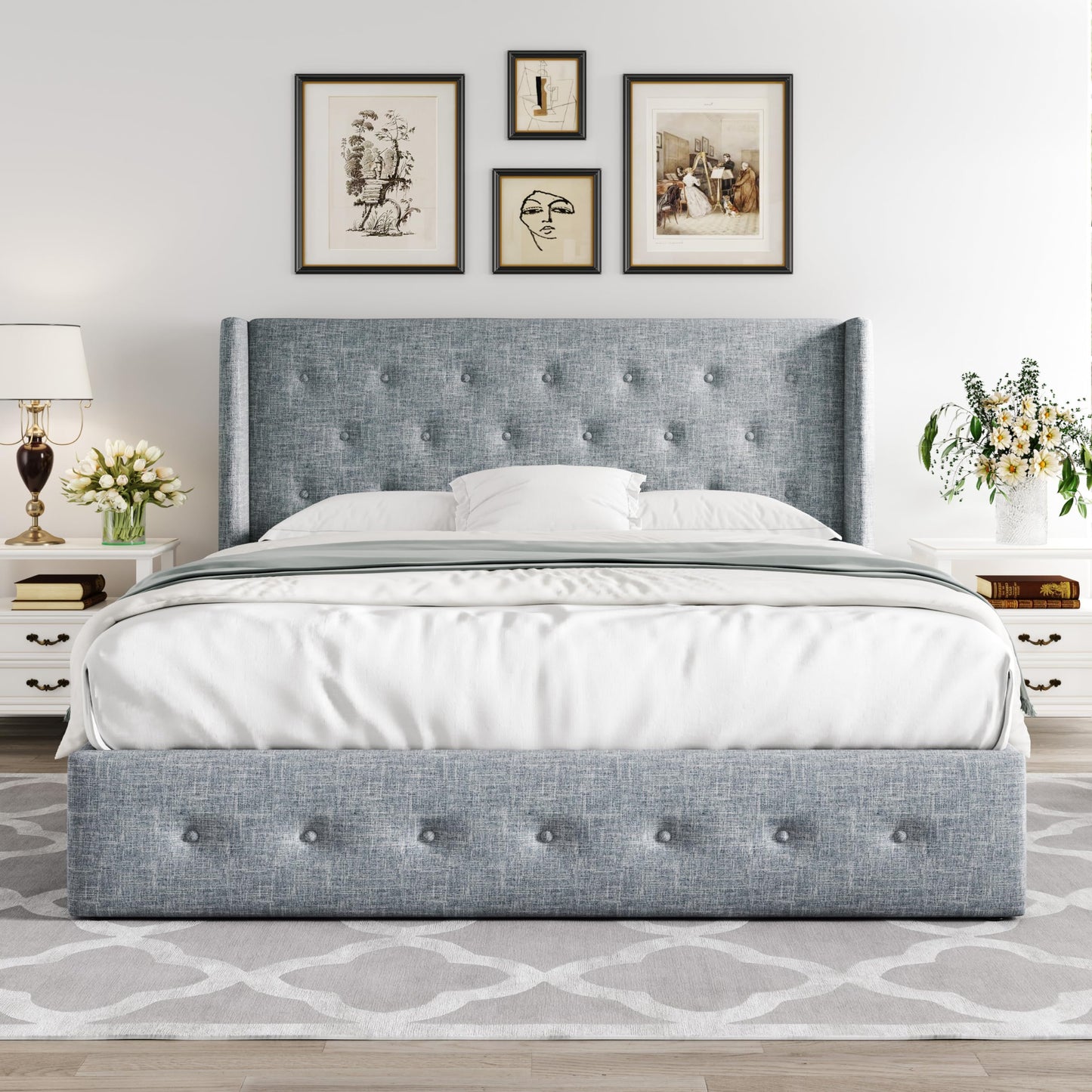 Allewie Queen Size Lift Up Storage Bed, Modern Wingback Headboard, Hydraulic Support, No Box Spring Needed, Light Beige