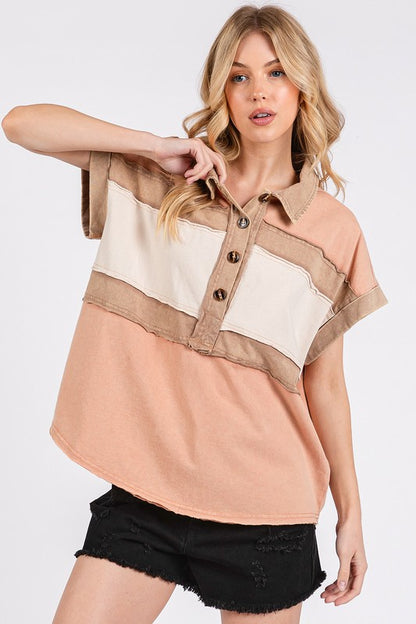 Mittoshop Mineral Washed Half Button Polo Top