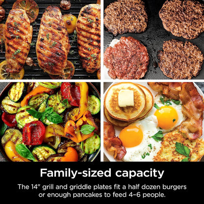 Ninja Griddle and Indoor Grill, 14’’, Electric Grill, For Steak, Burgers, Salmon, Veggies, and More, Pancake Griddle, Nonstick, Dishwasher Safe, 500F, Even Cooking, Silver, GR101