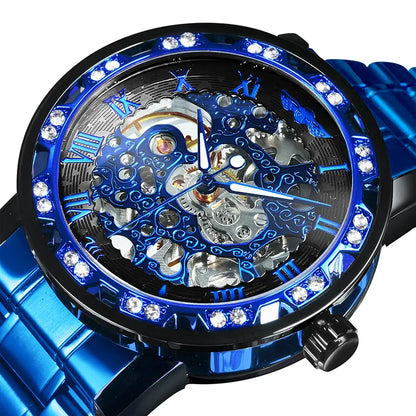 WINNER Transparent Skeleton Mechanical Watch for Men Fashion Diamond Luminous Mens Watches Top Brand Luxury Steel Strap Unisex