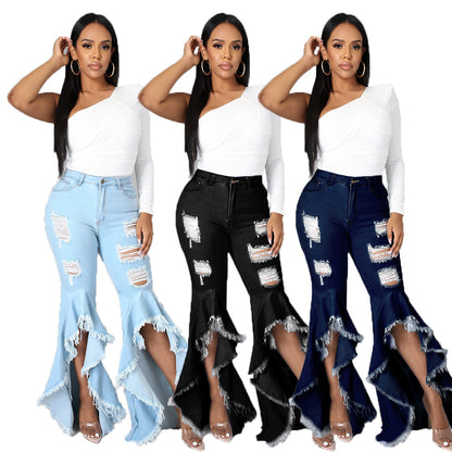 Plus Size Jean for Woman Wide Leg Girls Ripped Distress Flare Denim Women Jeans Female