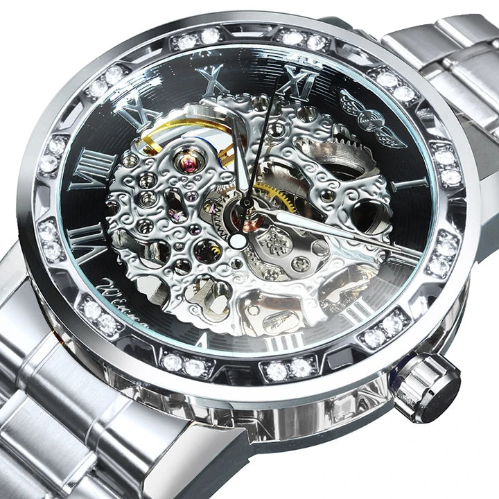 WINNER Transparent Skeleton Mechanical Watch for Men Fashion Diamond Luminous Mens Watches Top Brand Luxury Steel Strap Unisex