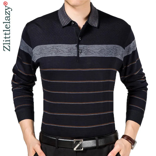 Casual Long Sleeve Businessmen's Shirts Male Striped Fashion Brand Polo Designer Men's Tennis Polo