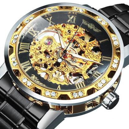 WINNER Transparent Skeleton Mechanical Watch for Men Fashion Diamond Luminous Mens Watches Top Brand Luxury Steel Strap Unisex