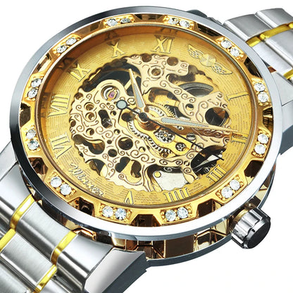 WINNER Transparent Skeleton Mechanical Watch for Men Fashion Diamond Luminous Mens Watches Top Brand Luxury Steel Strap Unisex