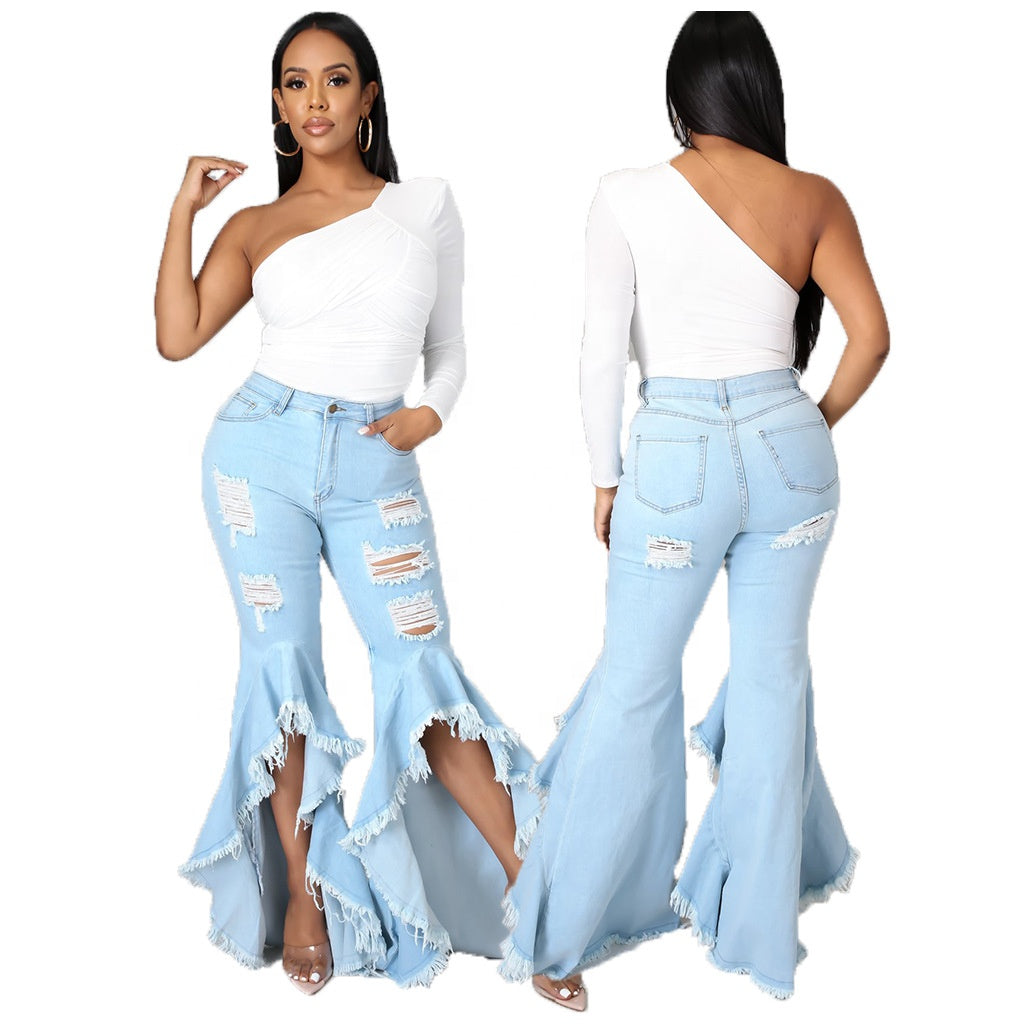 Plus Size Jean for Woman Wide Leg Girls Ripped Distress Flare Denim Women Jeans Female