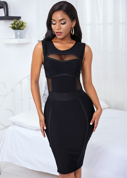 Backless Round Neck Mesh Panel Bandage Bodycon Dress