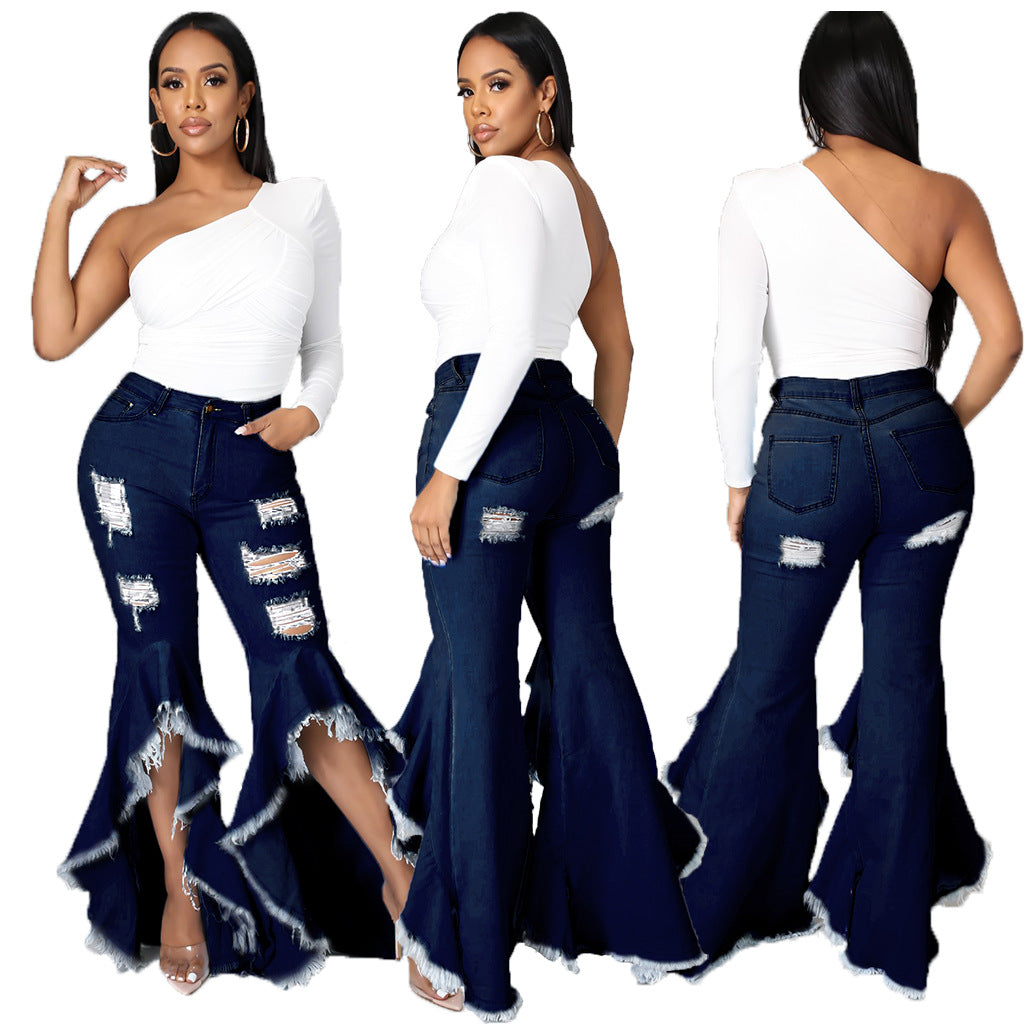 Plus Size Jean for Woman Wide Leg Girls Ripped Distress Flare Denim Women Jeans Female