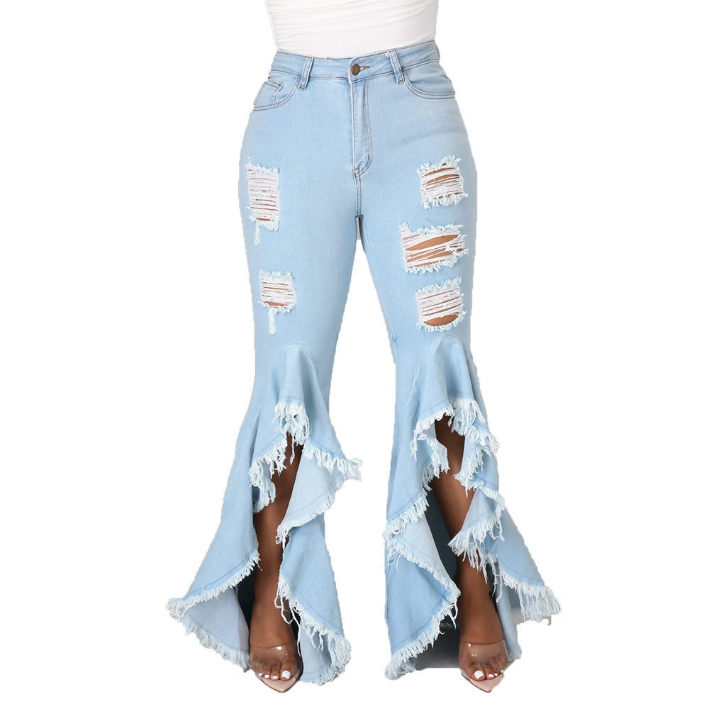 Plus Size Jean for Woman Wide Leg Girls Ripped Distress Flare Denim Women Jeans Female