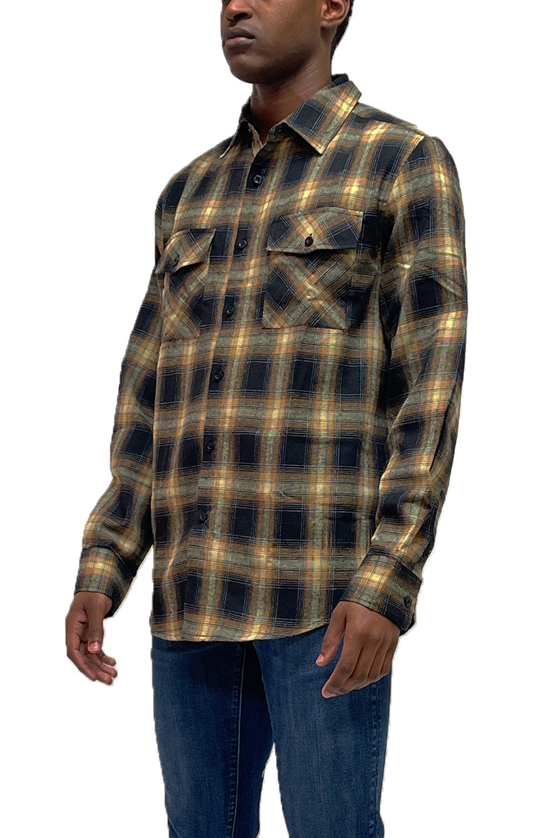 Long Sleeve Checkered Plaid Brushed Flannel