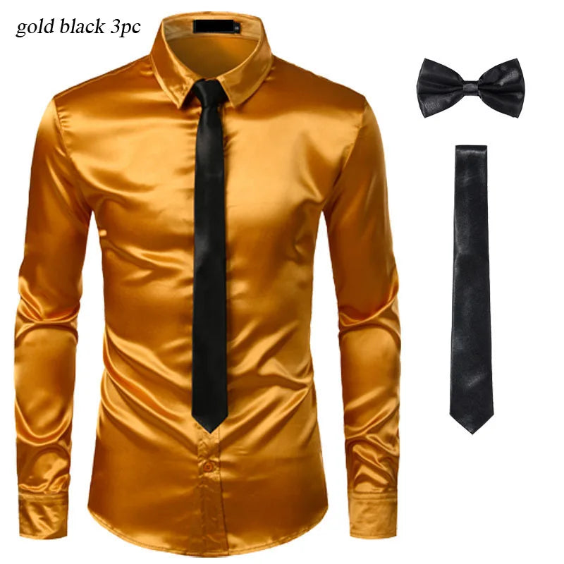 Black Men's Silk Dress Shirts 3Pcs (Shirt +Tie Bowtie) Smooth Satin Shirt Men Slim Fit Party Prom Casual Shirts Men Social Camisa