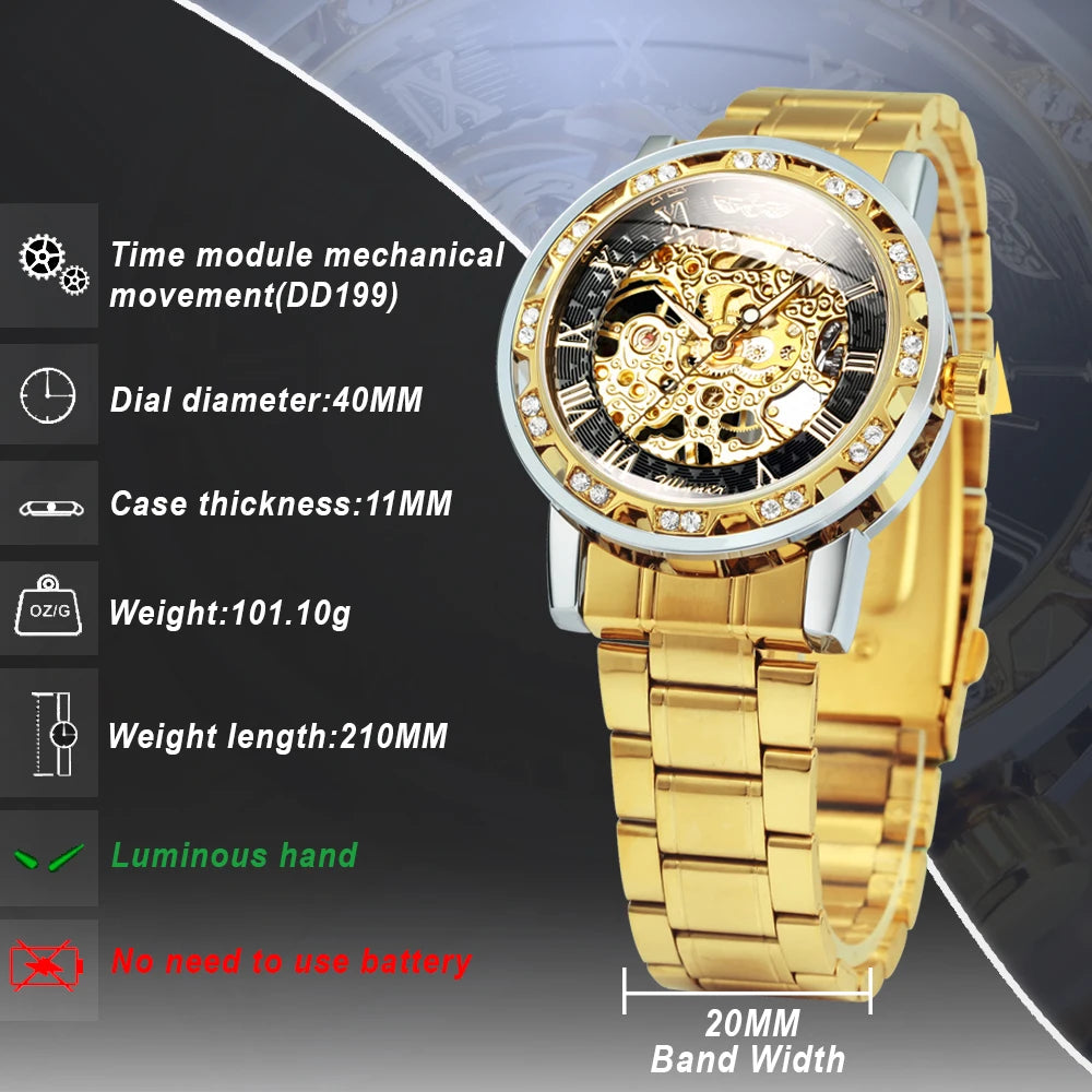 WINNER Transparent Skeleton Mechanical Watch for Men Fashion Diamond Luminous Mens Watches Top Brand Luxury Steel Strap Unisex