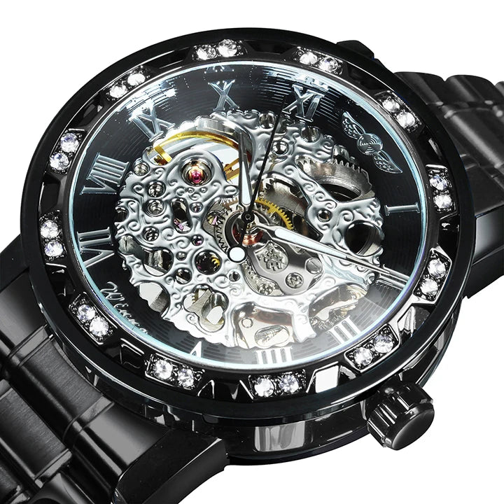 WINNER Transparent Skeleton Mechanical Watch for Men Fashion Diamond Luminous Mens Watches Top Brand Luxury Steel Strap Unisex