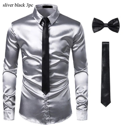 Black Men's Silk Dress Shirts 3Pcs (Shirt +Tie Bowtie) Smooth Satin Shirt Men Slim Fit Party Prom Casual Shirts Men Social Camisa