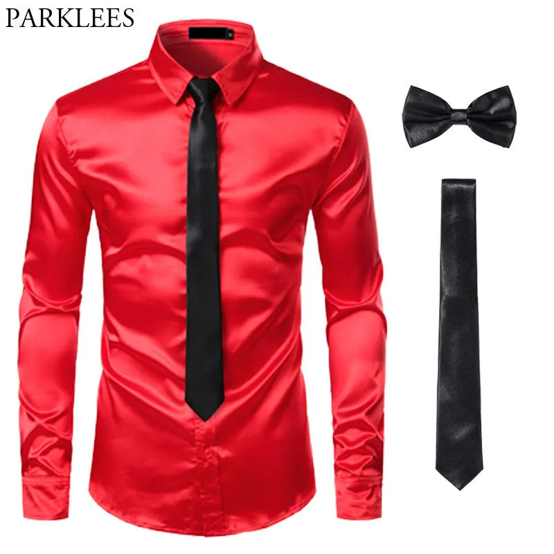 Black Men's Silk Dress Shirts 3Pcs (Shirt +Tie Bowtie) Smooth Satin Shirt Men Slim Fit Party Prom Casual Shirts Men Social Camisa