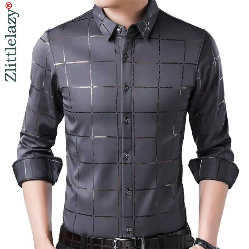 Brand Casual Spring Luxury Plaid Long Sleeve Slim Fit Men's Shirt Streetwear Social Dress Shirt   Men's Fashions Jersey 2309