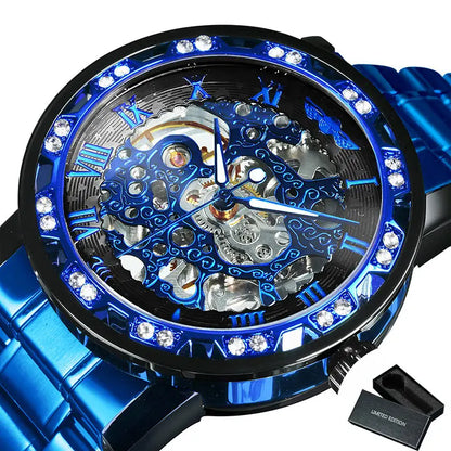 WINNER Transparent Skeleton Mechanical Watch for Men Fashion Diamond Luminous Mens Watches Top Brand Luxury Steel Strap Unisex