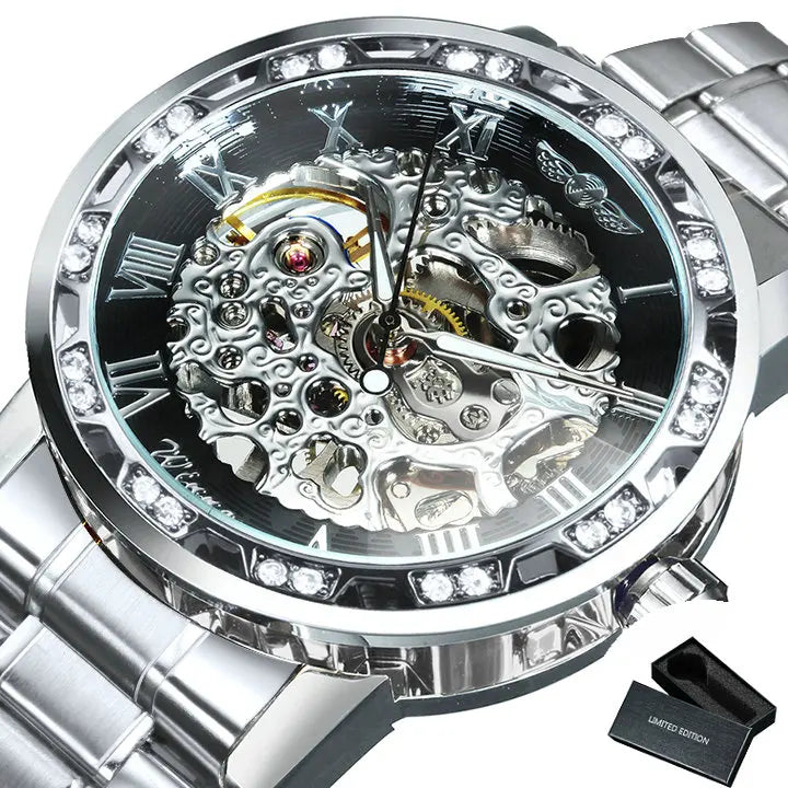 WINNER Transparent Skeleton Mechanical Watch for Men Fashion Diamond Luminous Mens Watches Top Brand Luxury Steel Strap Unisex