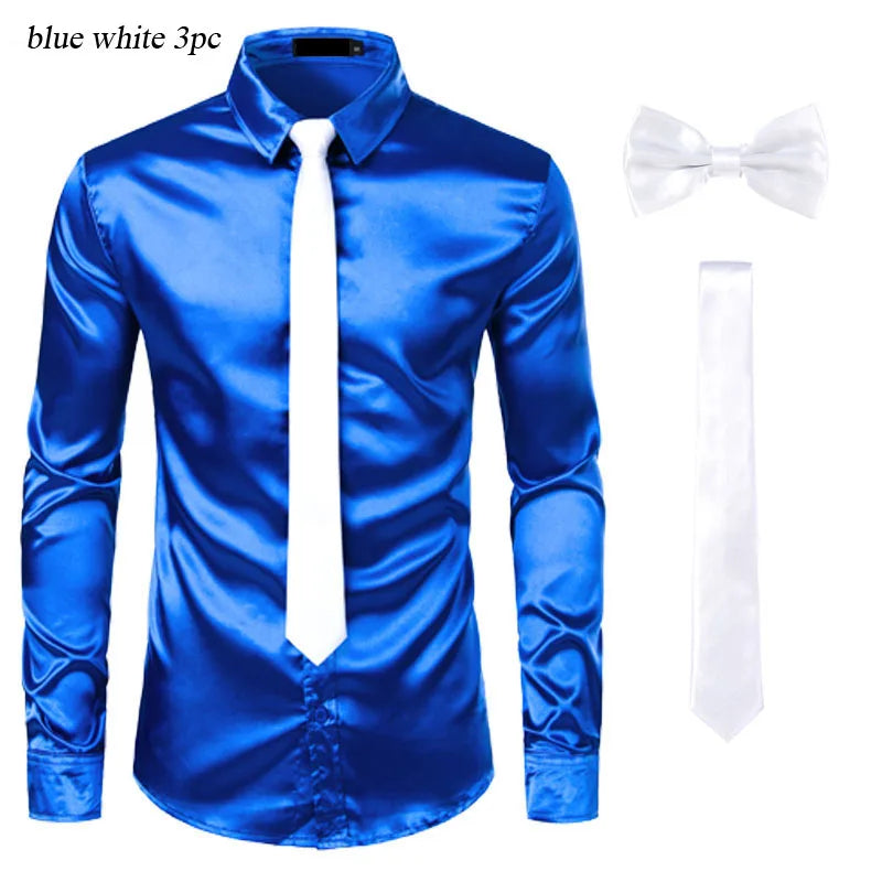 Black Men's Silk Dress Shirts 3Pcs (Shirt +Tie Bowtie) Smooth Satin Shirt Men Slim Fit Party Prom Casual Shirts Men Social Camisa