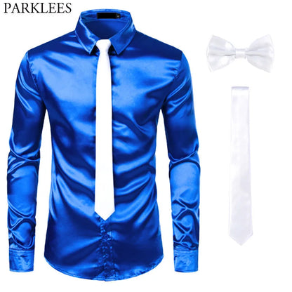 Black Men's Silk Dress Shirts 3Pcs (Shirt +Tie Bowtie) Smooth Satin Shirt Men Slim Fit Party Prom Casual Shirts Men Social Camisa