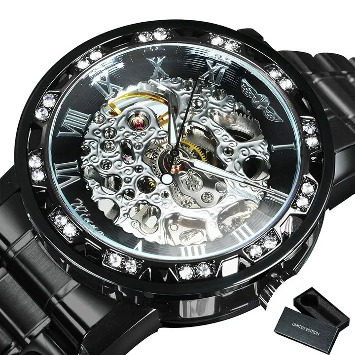 WINNER Transparent Skeleton Mechanical Watch for Men Fashion Diamond Luminous Mens Watches Top Brand Luxury Steel Strap Unisex