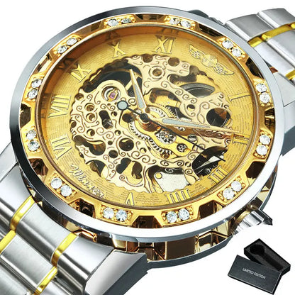 WINNER Transparent Skeleton Mechanical Watch for Men Fashion Diamond Luminous Mens Watches Top Brand Luxury Steel Strap Unisex