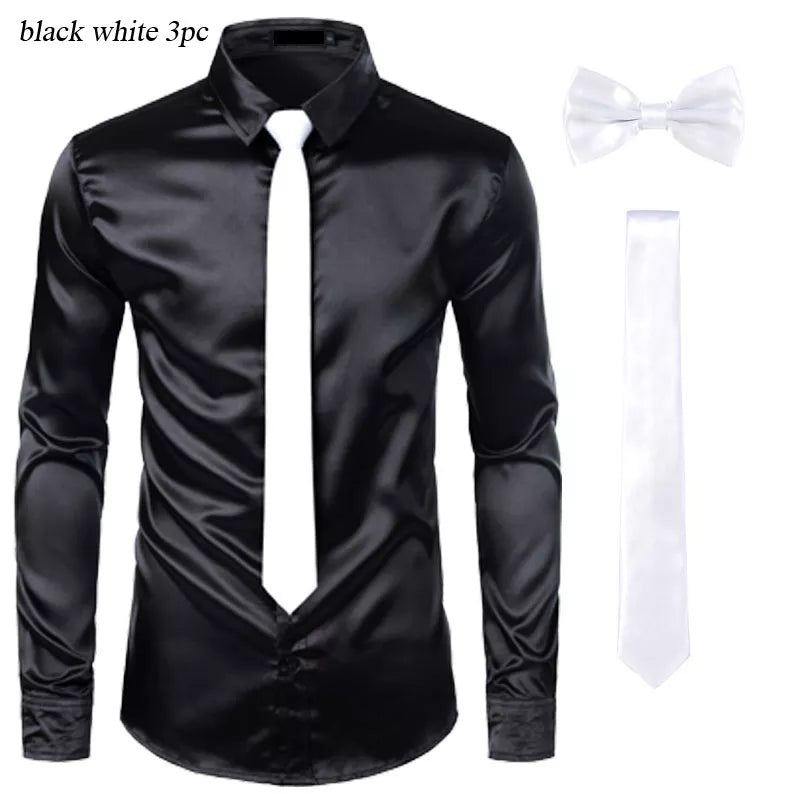 Black Men's Silk Dress Shirts 3Pcs (Shirt +Tie Bowtie) Smooth Satin Shirt Men Slim Fit Party Prom Casual Shirts Men Social Camisa