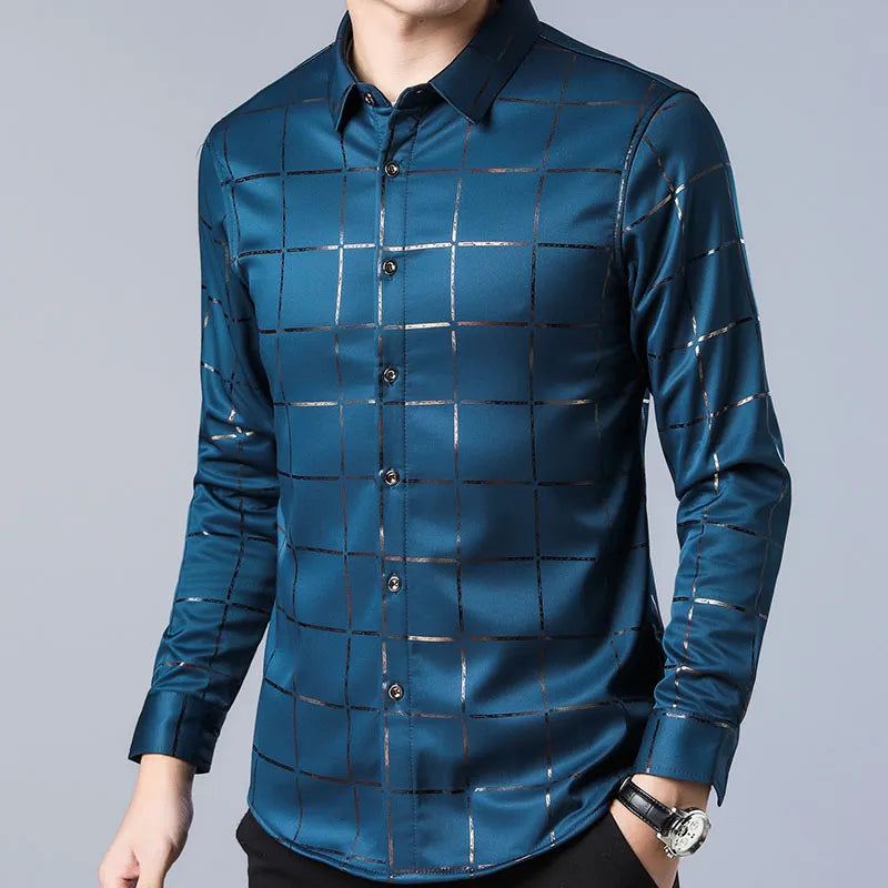 Brand Casual Spring Luxury Plaid Long Sleeve Slim Fit Men's Shirt Streetwear Social Dress Shirt   Men's Fashions Jersey 2309