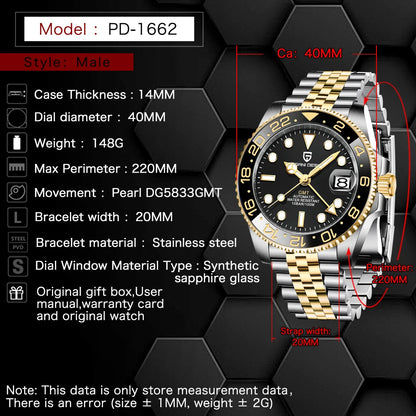 PAGANI DESIGN New PD-1662 V5 Men Mechanical Watches Top Brand Sapphire Glass GMT Watches 100M Waterproof Automatic Watch for Men