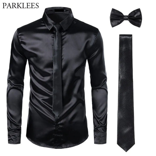 Black Men's Silk Dress Shirts 3Pcs (Shirt +Tie Bowtie) Smooth Satin Shirt Men Slim Fit Party Prom Casual Shirts Men Social Camisa