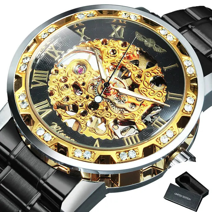 WINNER Transparent Skeleton Mechanical Watch for Men Fashion Diamond Luminous Mens Watches Top Brand Luxury Steel Strap Unisex