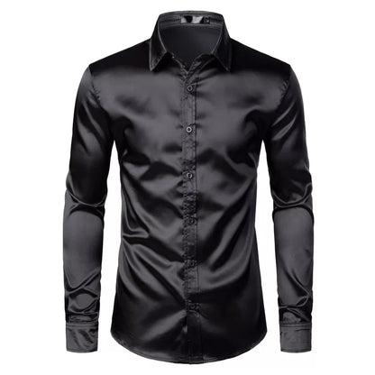 Black Men's Silk Dress Shirts 3Pcs (Shirt +Tie Bowtie) Smooth Satin Shirt Men Slim Fit Party Prom Casual Shirts Men Social Camisa