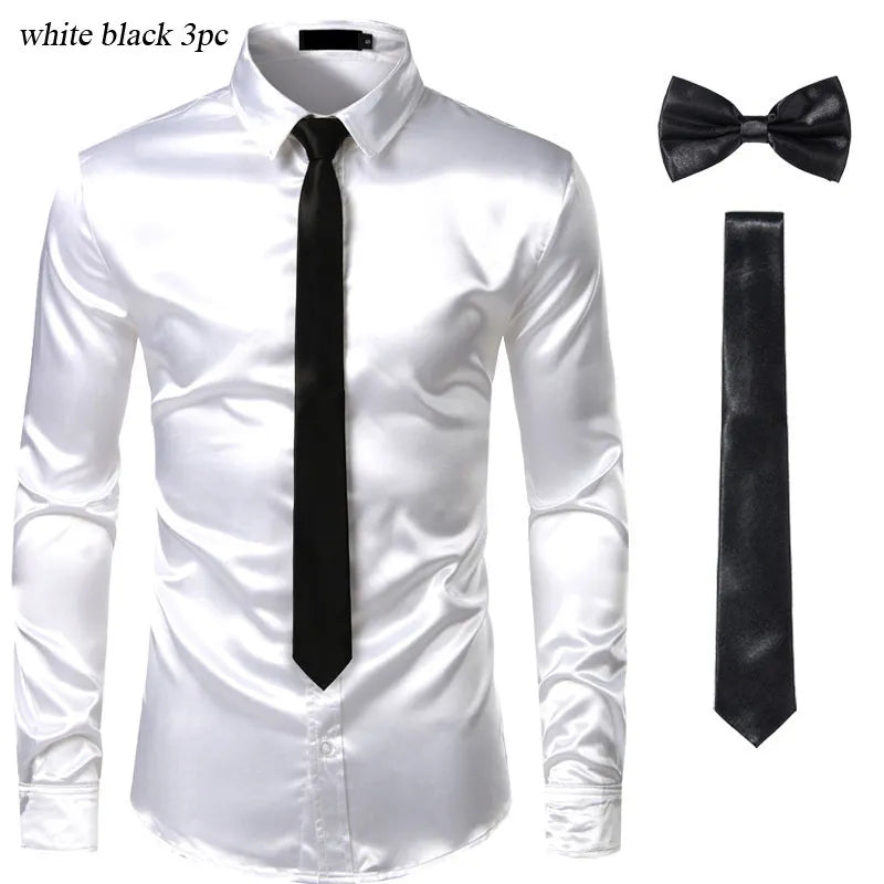 Black Men's Silk Dress Shirts 3Pcs (Shirt +Tie Bowtie) Smooth Satin Shirt Men Slim Fit Party Prom Casual Shirts Men Social Camisa