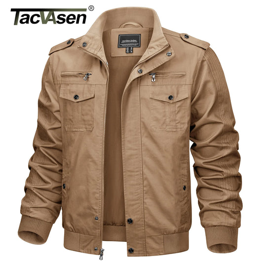 TACVASEN Pilot Bomber Jacket Coats Men's Cotton Cargo Jackets with Zipper Pockets Retro Casual Work Jacket Male Clothing Outwear