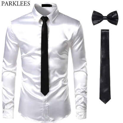 Black Men's Silk Dress Shirts 3Pcs (Shirt +Tie Bowtie) Smooth Satin Shirt Men Slim Fit Party Prom Casual Shirts Men Social Camisa