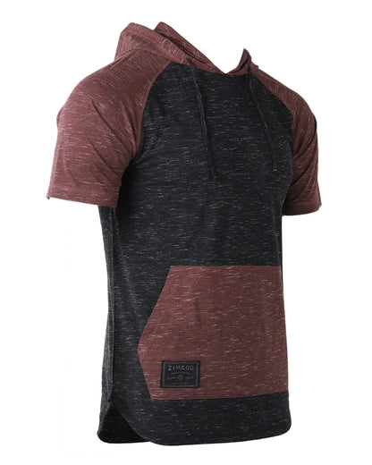 ZIMEGO Men's Short Sleeve Color Block Raglan Hoodie With Curved Hem - Black / Maroon