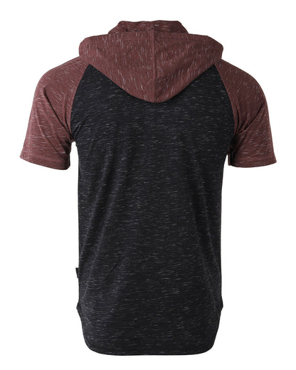 ZIMEGO Men's Short Sleeve Color Block Raglan Hoodie With Curved Hem - Black / Maroon