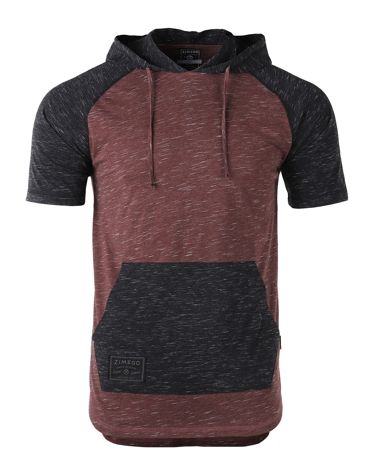 ZIMEGO Men's Short Sleeve Color Block Raglan Hoodie With Curved Hem - Black / Maroon