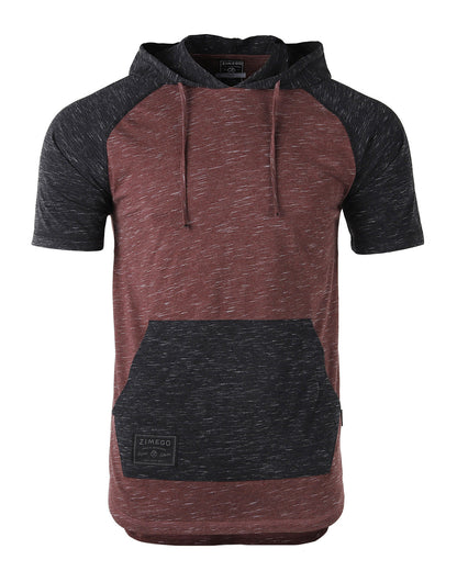 ZIMEGO Men's Short Sleeve Color Block Raglan Hoodie With Curved Hem - Black / Maroon