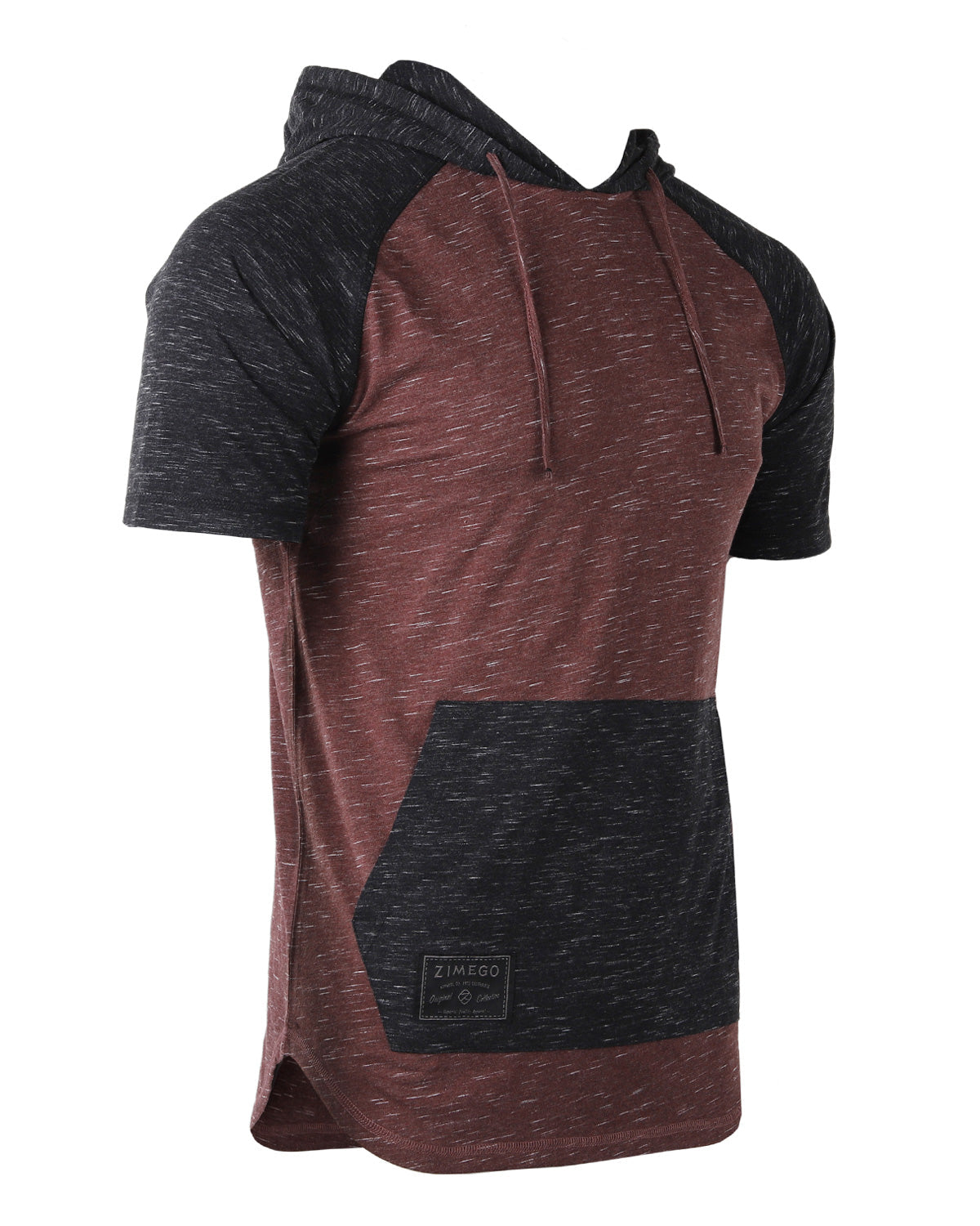 ZIMEGO Men's Short Sleeve Color Block Raglan Hoodie With Curved Hem - Black / Maroon