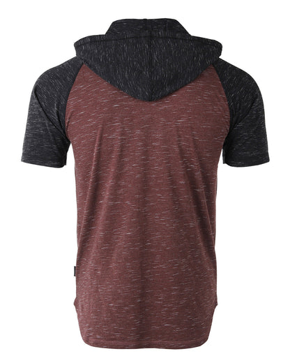 ZIMEGO Men's Short Sleeve Color Block Raglan Hoodie With Curved Hem - Black / Maroon