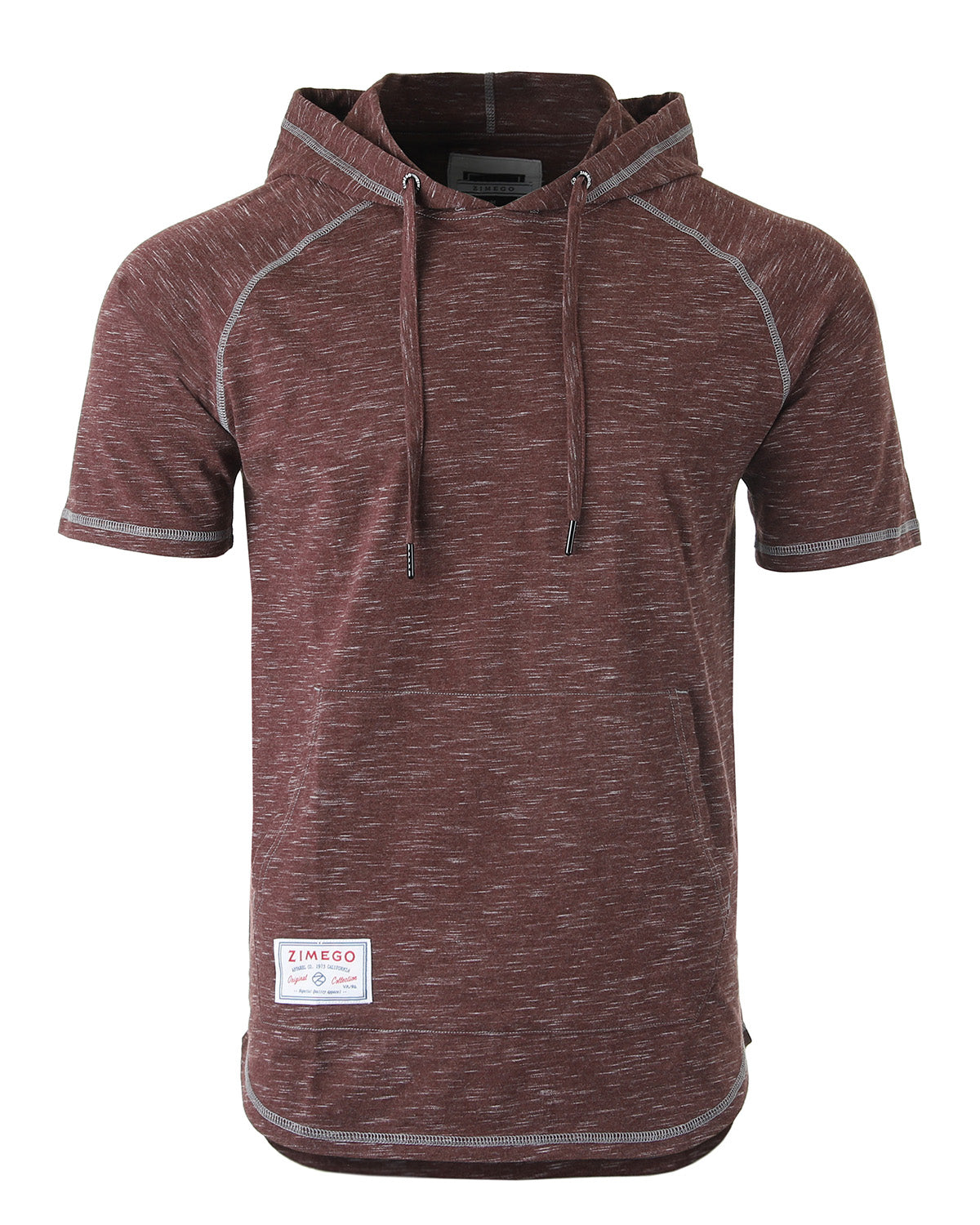 ZIMEGO Men's Short Sleeve Color Block Raglan Hoodie With Curved Hem - Black / Maroon